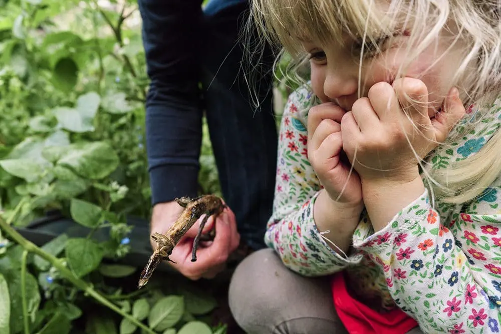 Girl watching frogs from the pond — documentary family photography Dulwich Park