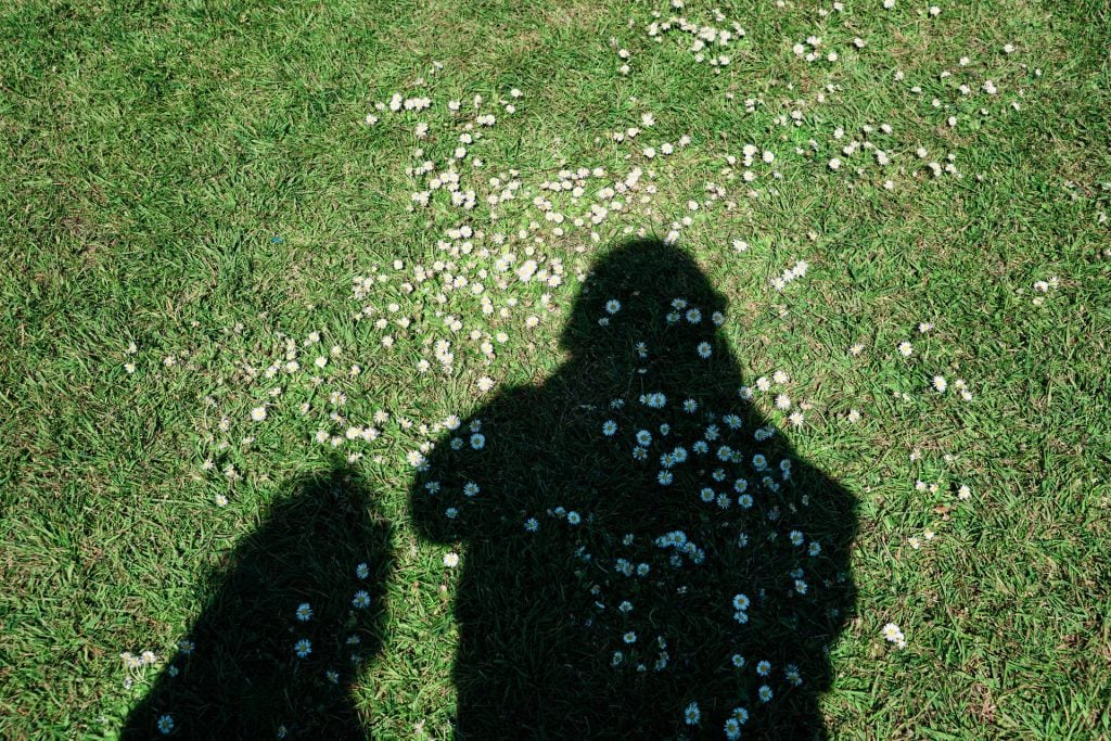 Shadow selfie on the grass with daisies