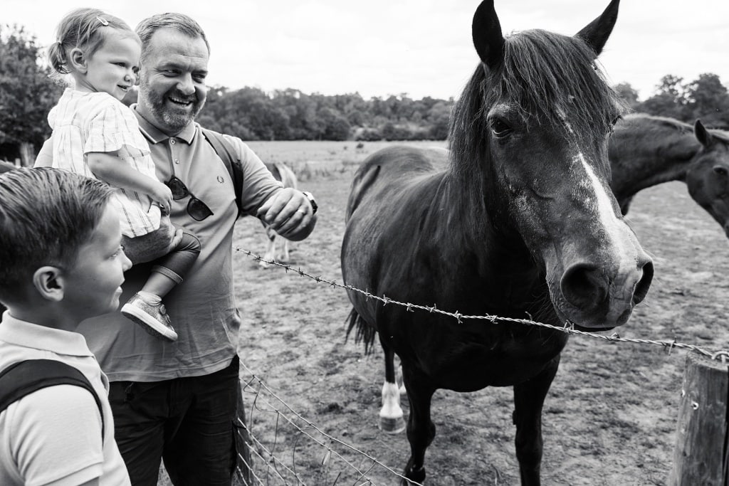 Father and children stroke the horses during a natural family photography session in Chislehurst